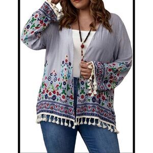 KVIS Womens Bohemian Print Cardigan‎ Fringed Striped Multicolor Long Sleeve